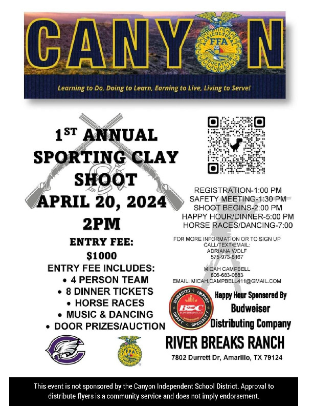 Canyon FFA Booster Fundraiser clay shoot event happening on Saturday April 20 2024 Come support Canyon FFA students