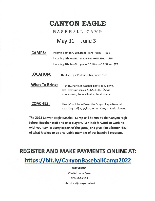 Canyon Eagle Baseball Summer Athletic Camp