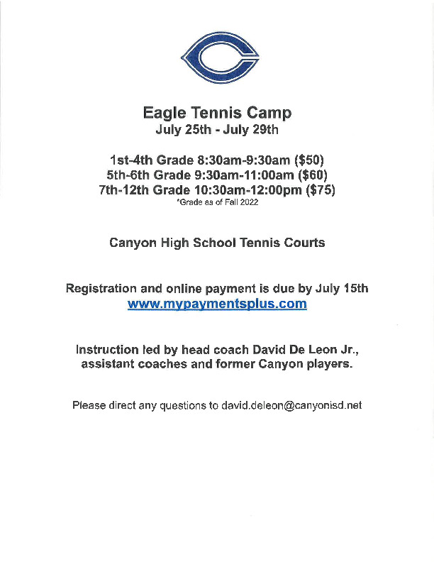 Canyon Eagle Tennis Summer Athletic Camp