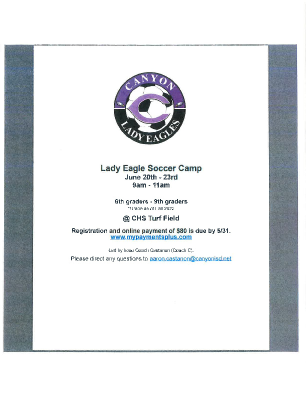 Canyon Lady Eagle Soccer Summer Athletic Camp