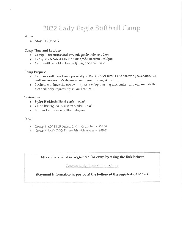 Canyon Lady Eagle Softball Summer Athletic Camp