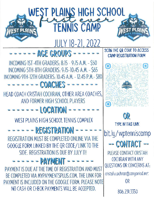 West Plains Wolves Tennis Summer Athletic Camp
