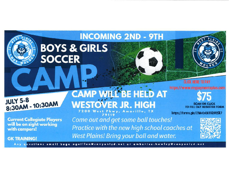 West Plains Wolves 2nd through 9th Grade Boys and Girls Soccer Camp